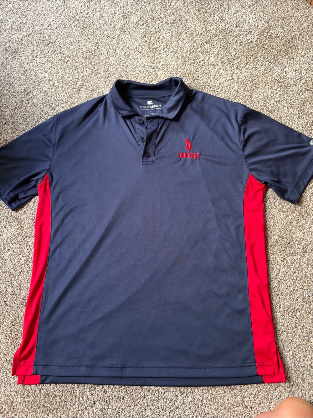 Colosseum Navy Polo with Red Panels and Duquesne Logo